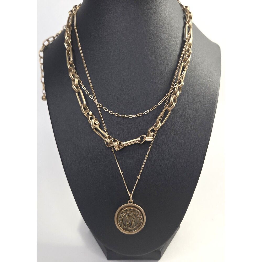 Celtic Zodiac Seahorse Triple Chain Pendant Necklace Brass Tone